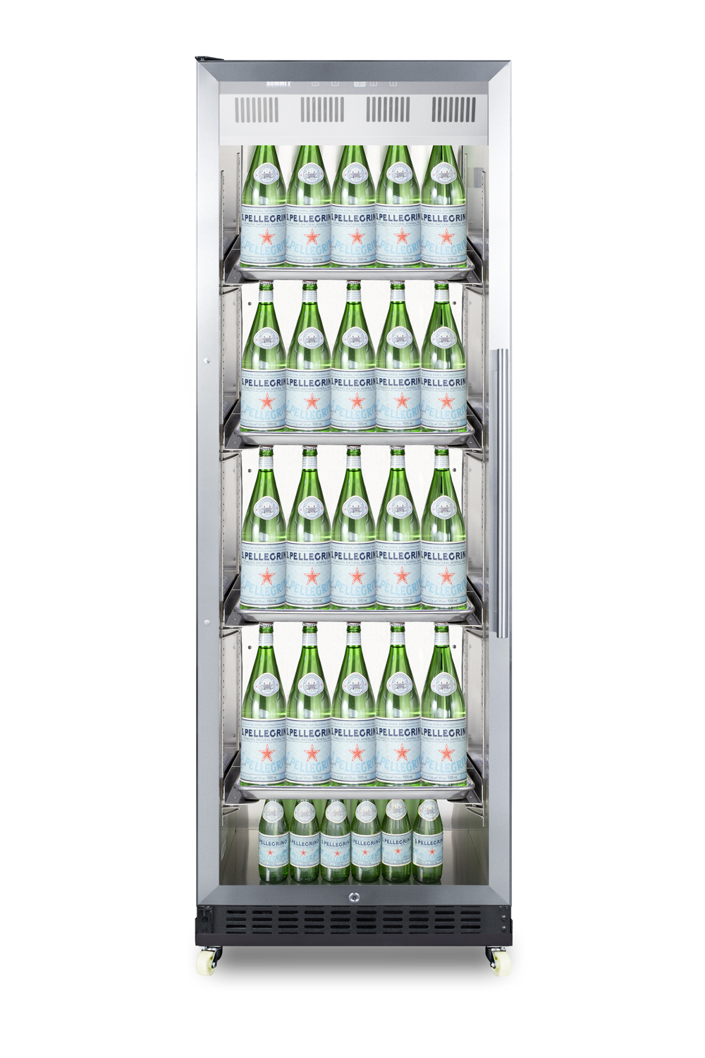 Full-size commercial beverage merchandiser designed for the display and refrigeration of beverages and sealed food, with stainless steel interior, self-closing glass door with a left hand swing, sheet pans and adjustable tray supports, chrome shelves, black cabinet, and removable dolly.